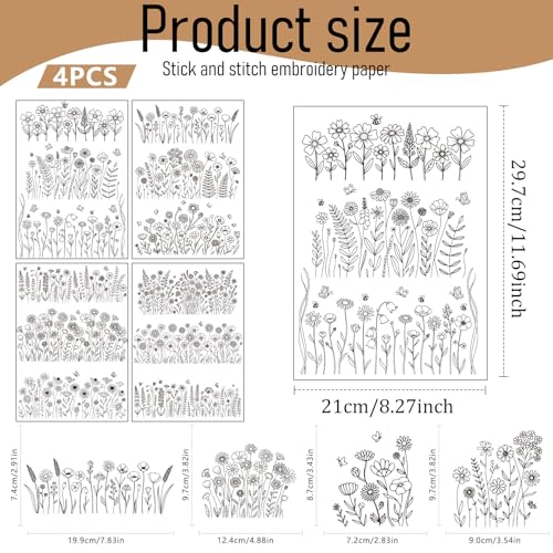 Floral Water Soluble Embroidery Patterns, 4 Sheets Stick and Stitch Embroidery Papers Wash Away, Pre-Printed Flower Designs Transfer Paper Customized Gifts for Hand Sewing Lovers Beginners - size: Flower Cluster
