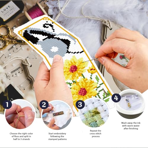 INFUNLY 6pcs Flower Music Cross Stitch Bookmark Kit for Beginners DIY Lily Tulip Roses Daisy Stamped Embroidery Bookmark Kits Piano Note Record Needlepoint Kit with Instruction for Book Lovers Readers - style: Flower Music