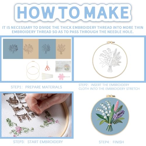 FREEBLOSS 4 Sets Embroidery Kit for Beginners Needlepoint Bouquet Stamped Embroidery Starter Kit with Instructions, Needles, Threads, 2 Hoops 11.6"/29.5CM - style: Bouquet
