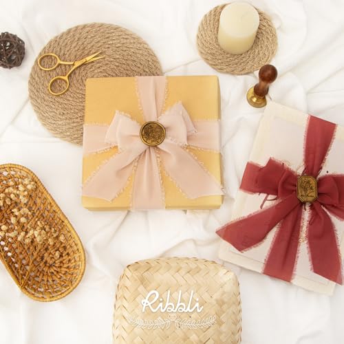 Ribbli Chiffon Silk Ribbon, 1.5 inch x 30 Yard, Champagne/Terracotta/Rust Red Fringe Chiffon Fall Ribbon for Wedding Invitations, Bridal Bouquets Wrapping, Flower Arrangement Decoration - color: Champagne/Terracotta/Rust Red