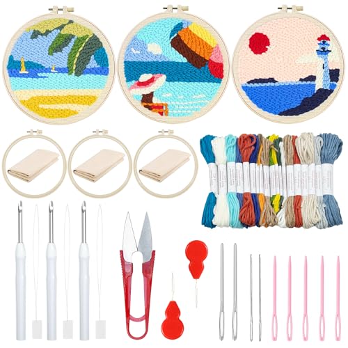 Woohome Punch Needle Kit Included Plastic Hoops, Punch Needle Cloth, Color Yarn and Punch Needle Tools for Adults, Beginners (Lighthouses, Sailboats, Blue Sky) - color: Color 15