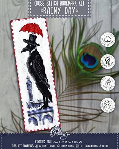 Povitrulya Rainy Day Counted Cross Stitch Bookmark Kit - DIY Embroidery Set - color: Rainy Day