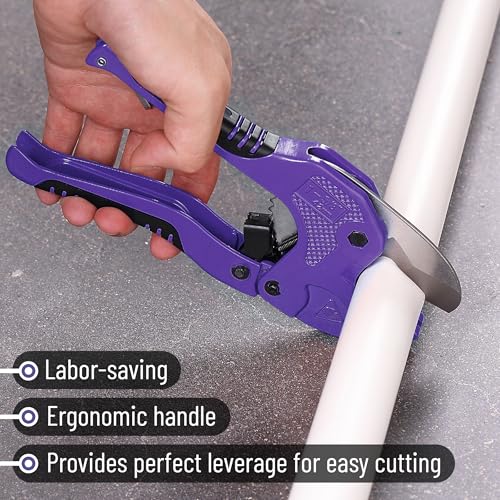 Bates- PVC Pipe Cutter, Cuts up to 1-5/8", Ratchet Pipe Cutter, PEX Cutting Tool for Cutting PEX, PVC, PPR Plastic Hoses and Plumbing Pipes, Purple - color: Purple