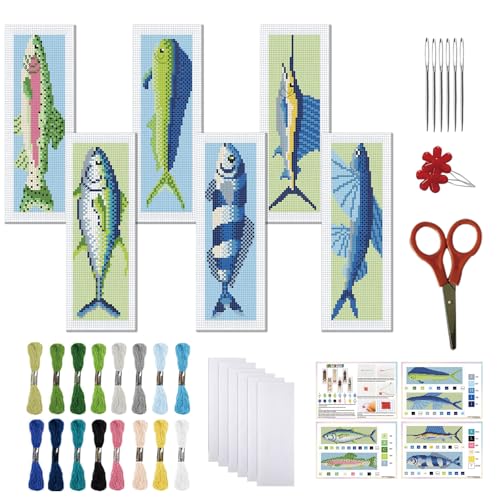 FREEBLOSS 6 Set Cross Stitch Bookmark Kits 11CT 8"x2.4" Fish - style: Fish