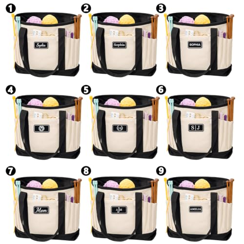Personalized Crochet Bag with Custom Leather Patch or Embroidered Name, Canvas Knitting Tote for Yarn Storage, Crochet Organizer with Multiple Pockets, Custom Gift for Crocheters & Knitters - color: Nature-Black, size: Make it Personal