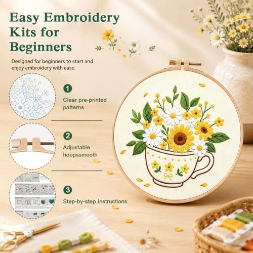 Louise Maelys 3 Pack Flower Pot & Basket Embroidery Kit for Beginners - color: Flower Pot