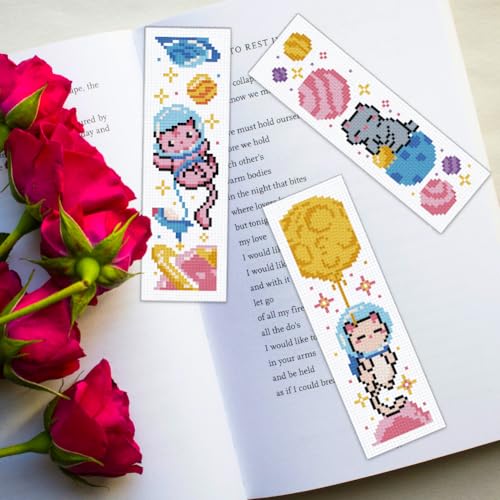 ORIGACH 6 Set Space Cat Cross Stitch Bookmark Kit for Beginner - style: Cats in Outer Space