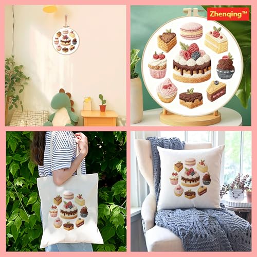 Zhenqing Chocolate Cake Embroidery Kit for Beginners, Pre-Printed 29x29cm Fabric with 20cm Hoop, Threads & Tools, Dessert Design with Macarons and Cupcakes(C0175)