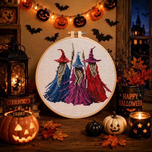 VIGEGU Witch Stamped Cross Stitch Kits for Adults Beginners with Hoop Frame - color: Witch Cross Stitch with Framed