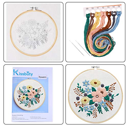 KISSBUTY Embroidery Starter Kit with Pattern, Stamped Embroidery Cloth, Bamboo Hoop, Color Threads Needle Kit (Floral)