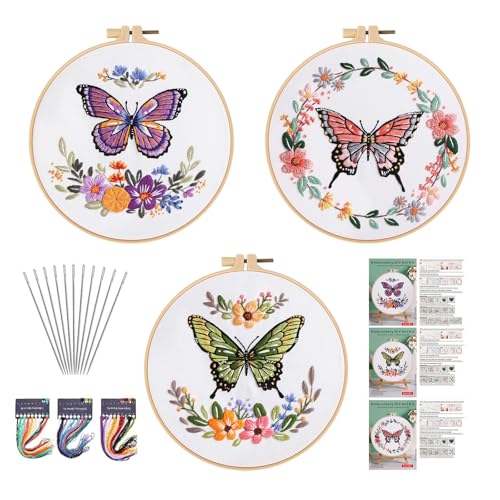 GLTAYLMY Butterfly Embroidery Kit for Beginners Adults, 3 Sets Hand Embroidery Starter Kit with Flower Pattern and Instructions Stamped Cross Stitch Kits Include Embroidery Hoop Needles Threads - color: BU2EBK