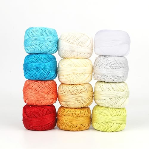 Size 8 Double Mercerized Egyptian Long Staple Cotton Pearl Thread 12 Gradient Colors per Box 5 Grams Ball Rainbow Color Embroidery Thread for Crochet Cross Stitch Hand Embroidery (12S) - color: 12S