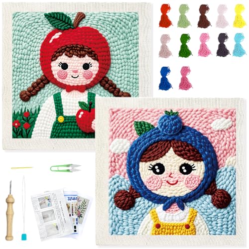 BEUNITONE 2PCS Fruit Girl Pattern Punch Needle Kit for Adults Beginners, Complete Craft Kit Needlepoint Kits for Adults with Hoop, Punch Needle Starter Craft Set for Cloth Festival Gift and Home Decor - color: 06-Fruit Girl