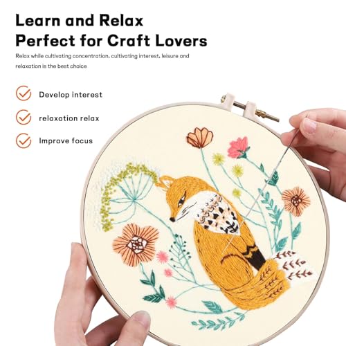 Beginner Fox Embroidery Kit for Adults, Pre-Printed with Video Tutorial - color: Fox