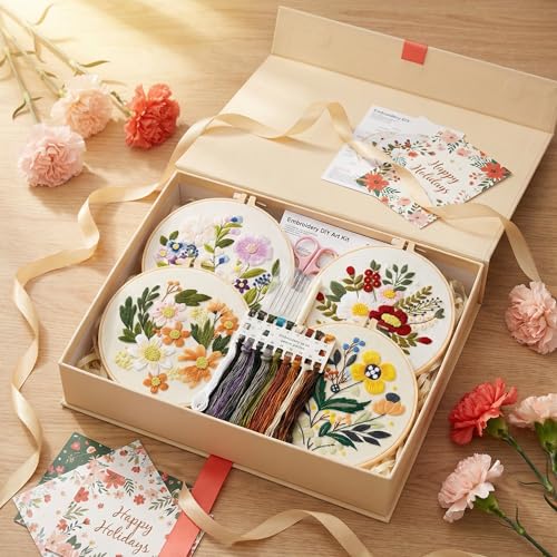 PALUJEF Floral Embroidery Kits for Beginners, Cross Stitch Kits for Adults, Easy Needlepoint Kits with Fun Floral Patterns, DIY Needlepoint Embroidery Starter Kit with Instructions, Mother’s Day Gift
