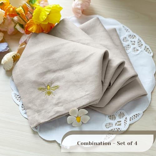 DerF HOME Embroidered Linen Napkins Set of 4, Natural 18x18 Inch - color: Nature-napkins(set of 4)