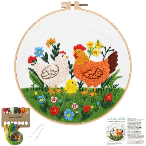 Louise Maelys Chicken Embroidery Kit for Beginners Farmhouse DIY - color: lawn