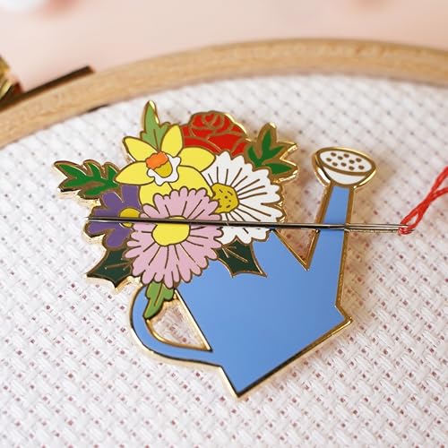 Caterpillar Cross Stitch Floral Watering Can Magnetic Enamel Needle Minder, for Cross Stitch, Embroidery and Needlework