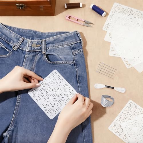 31 PCS Sashiko Stencils Kit with 3.9 x 3.9 Inch Geometric Sashiko Pattern(30PCS) and Needles Thread Tool Kit for Beginners Hand Quilting Mending and Embroidery - size: 3.9 x 3.9 (31PCS)
