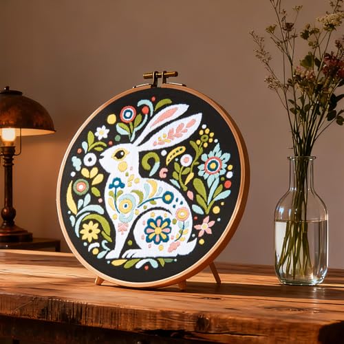 Crafmanoe Embroidery Kits for Beginners Adults, Flowers Rabbit Embroidery Starter Kits, Counted Cross Stitch Kits for Beginners Adults Hobbies Set for Women, Embroidery Hoops, Thread & Video Tutorial - color: H2043, size: 8Inch