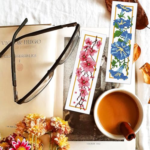 BEUNITONE 6 Pcs Flower Cross Stitch Bookmarks Kit for Adults Beginner DIY Stamped Embroidery Bookmark Kit with Instructions Cute Stamped Embroidery Bookmark for Book Lovers Handmade Gift 8''x2.4'' - style: Falling Flowers