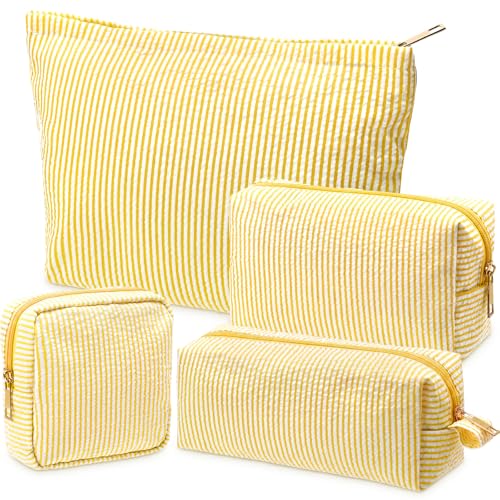 Sanwuta 4 Pcs Seersucker Pouch Striped Makeup Bag Set, Yellow - color: Yellow