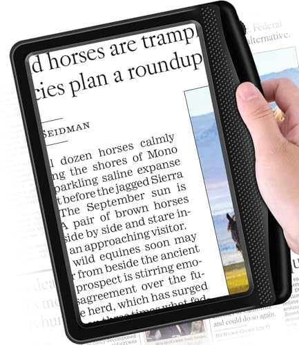 Rechargeable 5X Magnifying Glass for Reading, Large Bright Full Page Magnifier with Light, Handheld LED Dimmable Lighted, Lightweight Book Magnifier for Reading Small Prints Seniors Low Vision - color: Black