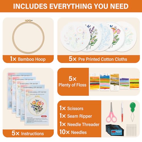 FooGuila Embroidery Kits for Adults, 5-pcs Ebroidery Kit Flowers, Stamped Cross Stitch Kits Floral Embroidery Patterns, Cross Stitch Kits for Adult,Ideal Screen-Free Crafts Gift for Women