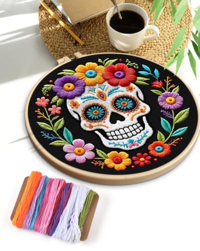 TINDTOP Embroidery Kit for Adult Beginners, Embroidery DIY Starter Kit, with Stamped Patterns, Hoop, Tools, Colorful Threads with Needles, Instructions (Skeleton B) - color: Skeleton B