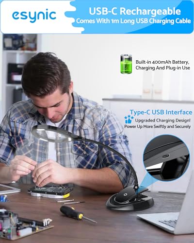 eSynic Desk Table Magnifying Glass with 15 LED Lights-800mAh Rechargeable