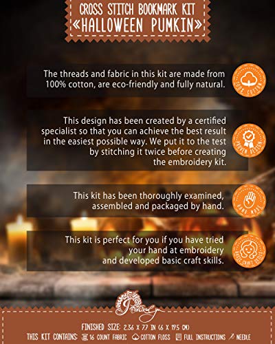 Povitrulya Halloween Pumpkin Jack-o'-Lantern Cross Stitch Kit - DIY Hand Embroidery Bookmark - color: Halloween Pumpkin