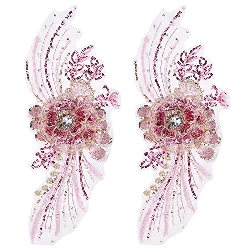 NBEADS 2 Pcs 3D Flower Lace Embroidery, Floral Embroidered Lace Patches with Sequin Nail Bead Tulle Applique Sew on Patches for Clothing Wedding Dress Lace Fabric DIY Decoration, Hot Pink - color: Hot Pink Flowers with Sequin-2 Pcs
