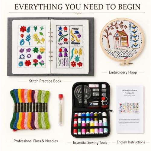 Embroidery Kit for Beginners, 138-Pattern Embroidery Stitch Book with Hoop & 89-Piece Tool Set, Portable Loose-Leaf Hand Embroidery Starter Kit for Adults & Teens, Home, Travel and Craft Classes