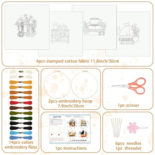 BEUNITONE Flower Embroidery Kit for Beginners 4 Pack Embroidery Starter Kit for Adult Cat Plant Books Pattern Stamped Cross Stitch Set with Instructions Embroidery Hoops Easy for DIY Craft 7.9'' - style: Cats Books