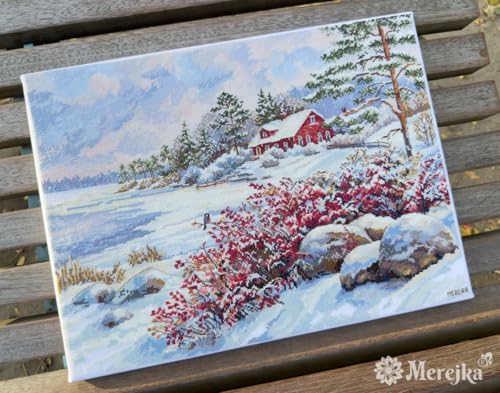 Merejka Counted Cross Stitch Kit – The Lake House K-261, Winter Cottage Lakeside Scene, Zweigart Aida 16 White, 34 DMC Threads, Finished Size 11.8 x 15.7 in (30 x 40 cm)