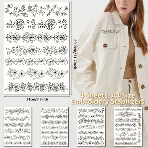 30Pcs Embroidery Paper Flowers Water Soluble Embroidery Designs Floral Lace Trimming Theme Stick and Stitch Wash Away Transfer Paper Stabilizers for Hand Sewing Beginners 11.7 x 8.3 Inch - color: Flower