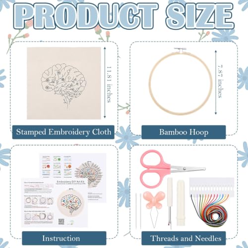 Fanfanwin 1 Set Brain Embroidery Kit for Beginner Floral Brain Cross Stitch Kits Easy Embroidery with Hoop, Needles, Threads, Instruction Threads Tools DIY Craft Art for Mental Health Mindfulness Gift - style: Floral Brain