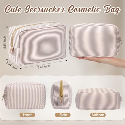 Sanwuta 10 Pcs Seersucker Cosmetic Bag Seersucker Makeup Bag Women Stripe Large Travel Toiletry Organizer Preppy Storage Pouch for Embroidery Wedding Bridesmaid Bride Mom (Khaki) - color: Khaki