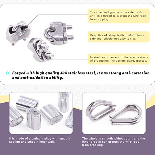 Swpeet 24Pcs M3 (5/16") Wire Rope Accessory Set, Included M3 Wire Rope Cable Clip Clamp, M3 Stainless Steel Thimble, 3mm Aluminum Crimping Loop Sleeve Perfect for 1/8 inch Wire Rope Cable (M3) - size: M3