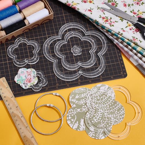 NBEADS 6Pcs Acrylic Quilting Templates Set with Hinged Rings, Cutting Ruler Template Transparent Flower Sewing Guides 0.98x0.98 to 5.91x5.91 for Fabric Marking and Craft Design - style: Flower