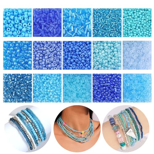 15 Color Glass Seed Tube Bugle Beads Bracelet Jewelry Making Kit,Blue - color: blue