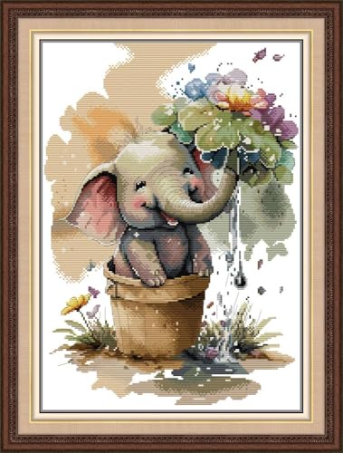 Maydiyer Counted Cross Stitch Kits for Adults,14CT Unprinted Pattern Embroidery Kits for Beginners,Easy Cross-Stitch Set DMC Threads Needlework- Mischievous Elephant 13.8''×18.5''
