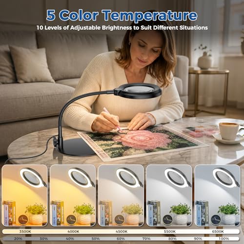 30X 10X Magnifying Glass with Light and Stand, 90 LED 5-Color Dimmable - size: Round