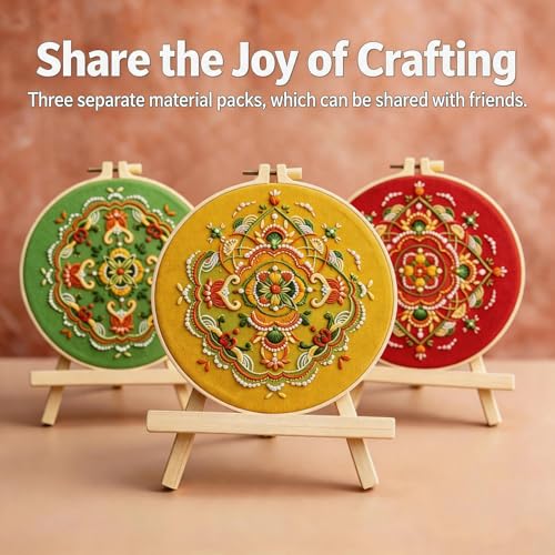 Qupace 3 Pcs Boho Embroidery Kits for Beginners Adults,Red Cross Stitch Sewing Craft Set with 3 Embroidery Hoops & 3 Finished Stands, Floral Pattern Needlework Kit - color: Red