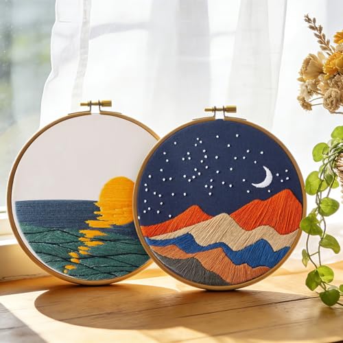 Armindou Hand Embroidery DIY Kits for Beginners Adults, Sea Sunrise Embroidery Set Needlepoint Kits, Stamped Cross Stitch Kits for Beginners Adults, 2 Embroidery Hoops, Fabric(Attached Video Tutorial) - color: Scenery, size: 8inch