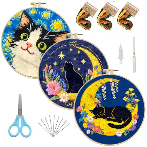 FEIYUENO 3 Sets Cross Stitch Embroidery Kit for Beginner Adults (Cat) - color: Cat