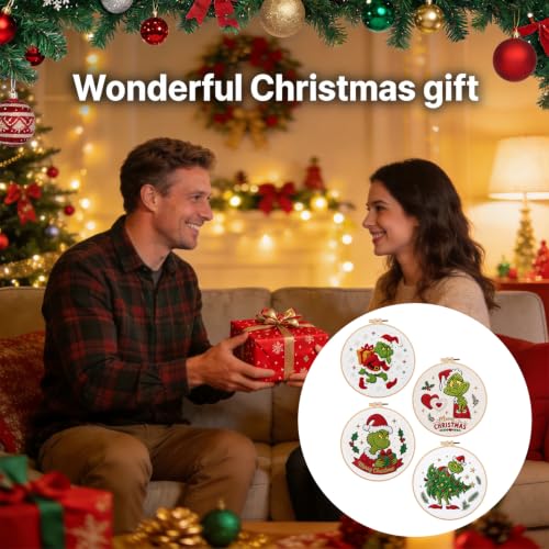TPZBWG Embroidery Kit, 4 Pack Cross Stitch Kits,DIY Embroidery Starter Kit for Adults & Beginners, DIY Needlepoint Kit with Embroidery Hoop Thread Needle for Craft Lover Birthday Gifts (Green& White) - color: Green& White
