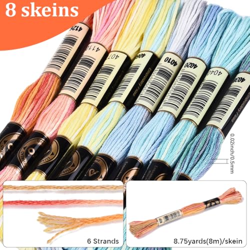 70 Yards 8 Skeins Gradient 6 Strands Mixed Color Cross Stitch Floss Variegated Embroidery Thread Colored Friendship Bracelet String Polyester Threads Set for Hand Sewing Making Craft Supply - color: Light Gradient Color, size: 70 Yards