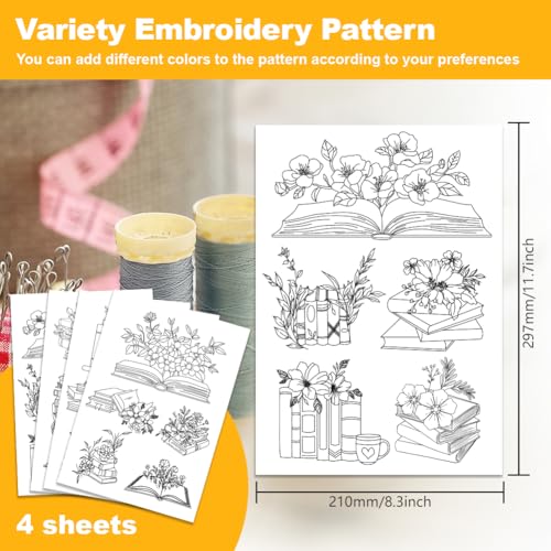 4 Sheets Water Soluble Embroidery Stabilizers 11.69x8.27 Inches Book and Flower Stick and Stitch Embroidery Paper Adhesive Embroidery Transfer Paper for Shirts Coats Bags - style: Book and Flowers