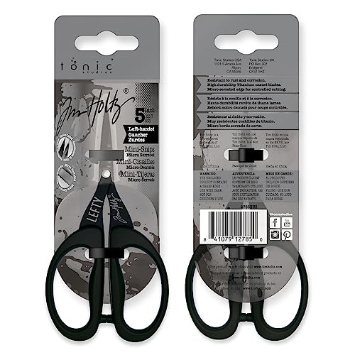 Tim Holtz Left Handed Scissors - 5 Inch Mini Snips with Micro Serrated Blade - Lefty Craft Tool for Cutting Paper, Fabric, and Sewing - Titanium with Black Comfort Grip Handles - size: 5" Left Handed